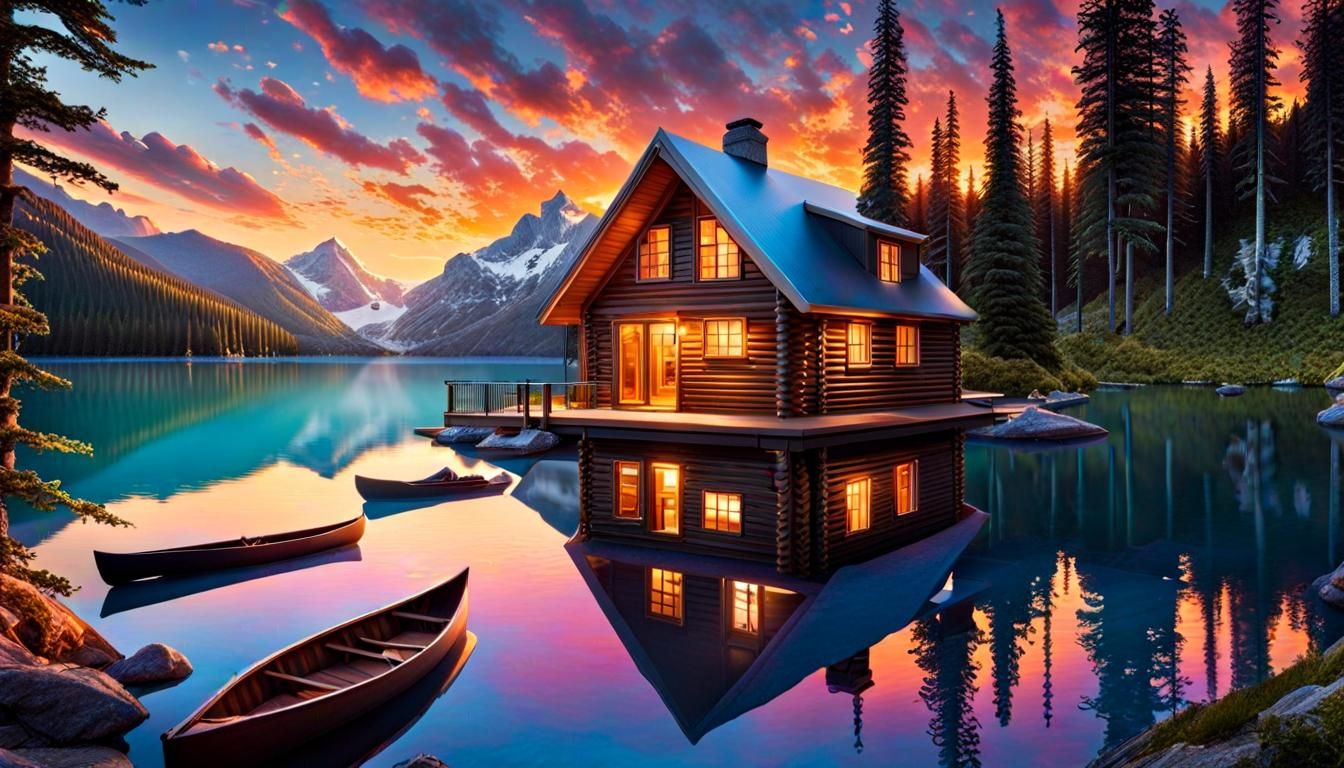 Cabin and Canoe on Mountain Lake at Sunset
