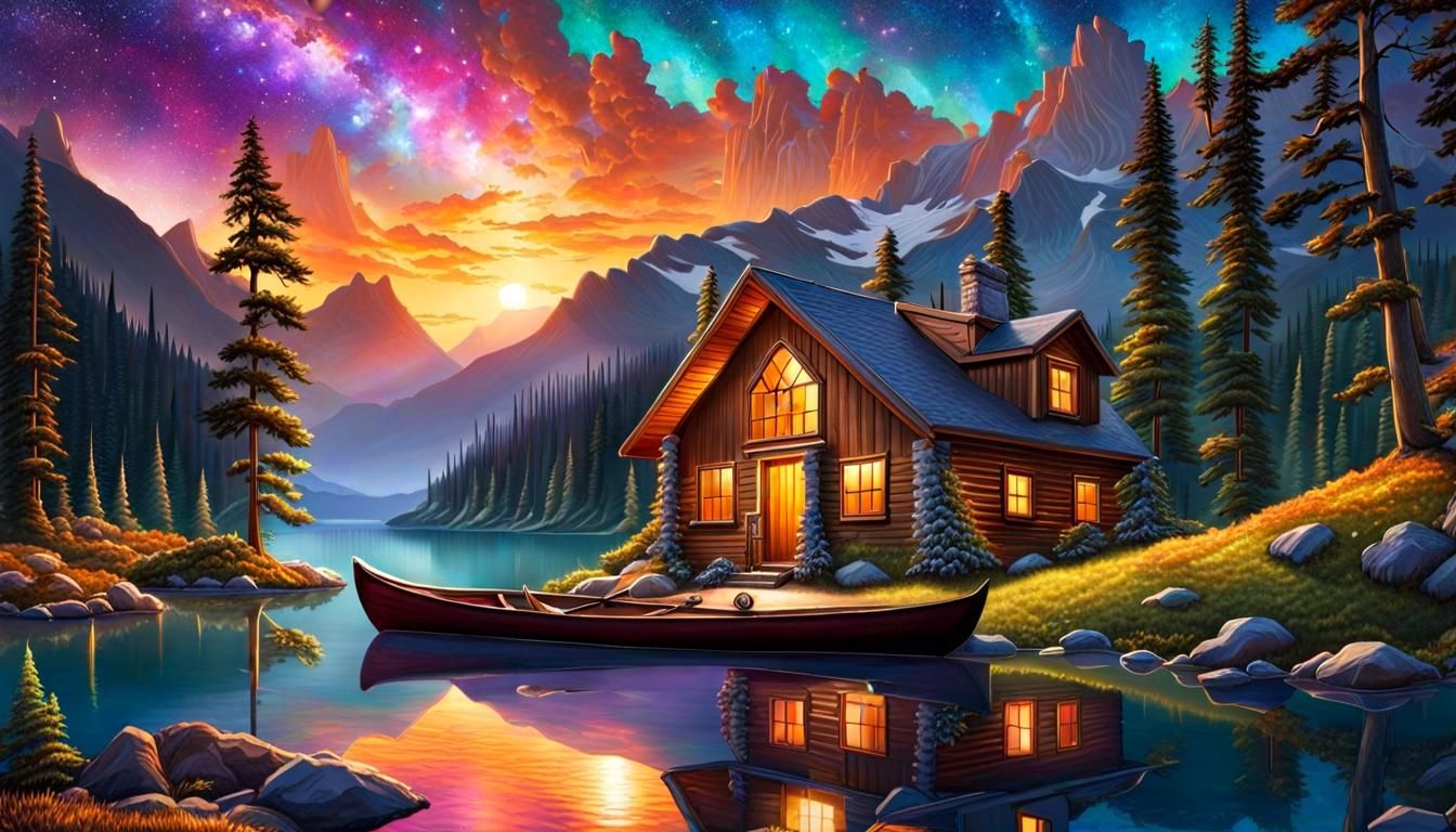 Cabin and Canoe on Mountain Lake at Sunset