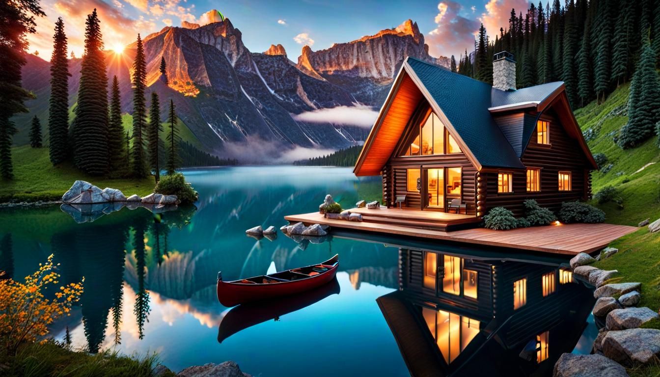 Cozy Cabin on Mountain Lake at Sunset