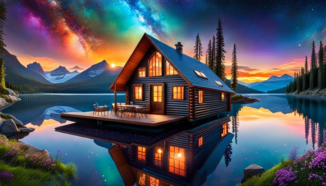 Cozy Cabin on Mountain Lake at Sunset