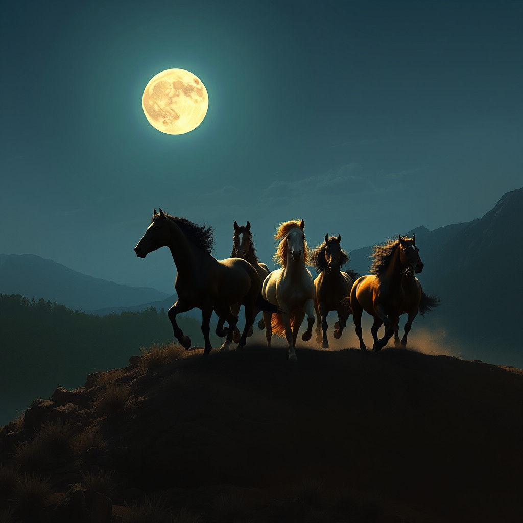Wild Horses Gallop Silhouetted Against Moonlit Sky