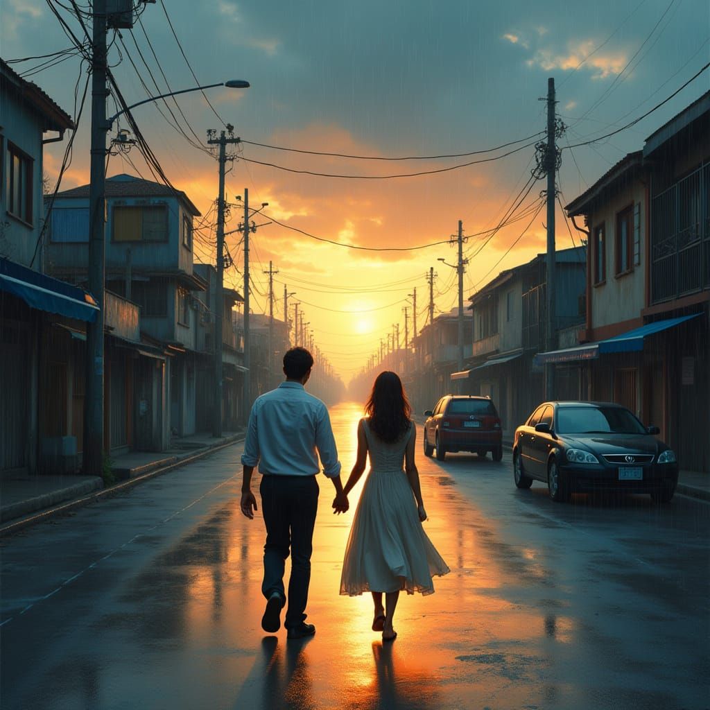 Couple Walking at Dusk in Painterly Style