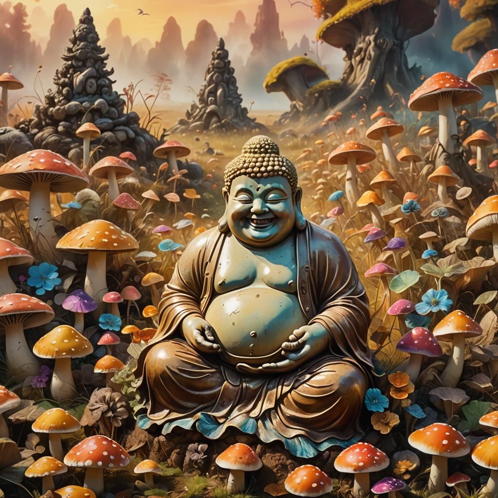 Laughing Buddha in Surreal Mushroom Field