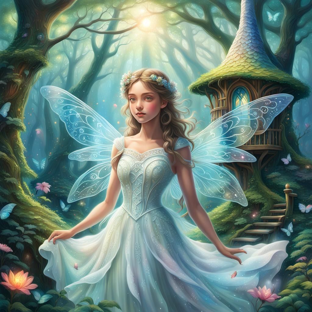 Ethereal Fairy in Sunny Forest, Cosmic Illustration
