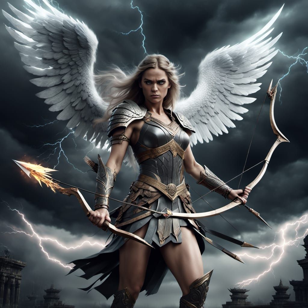 Epic Battle Angel with Bow in Dramatic Sky