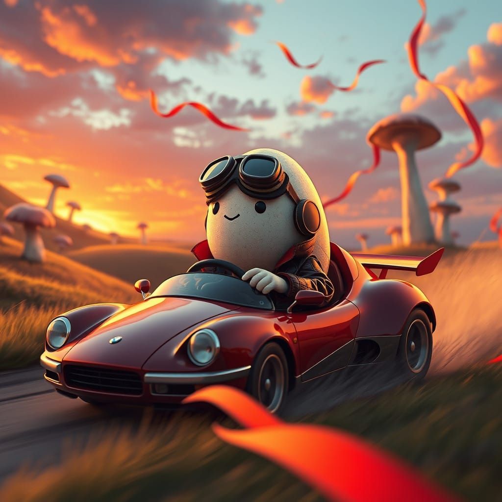Surreal Speedster Rides Whimsical Dreamcar Through Sunset La...