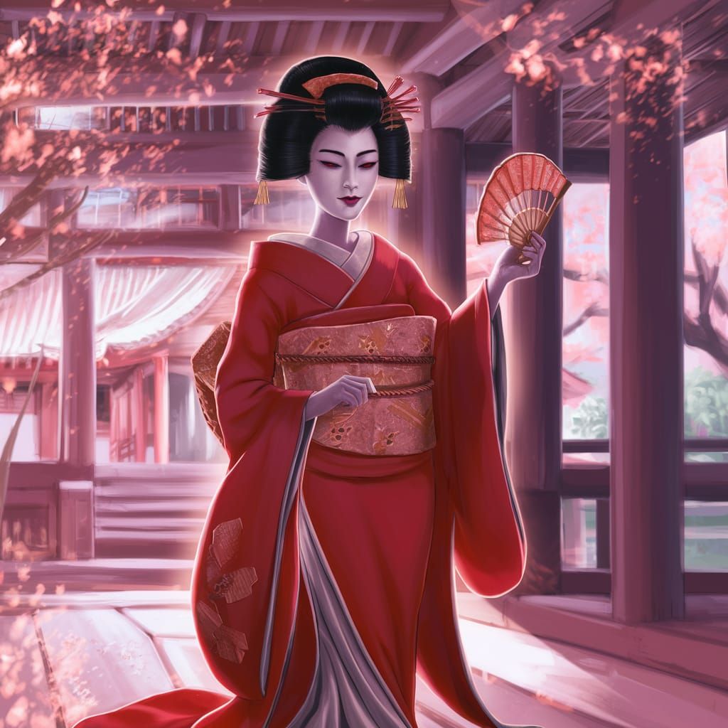 Elegant Geisha in Temple with Cherry Blossoms