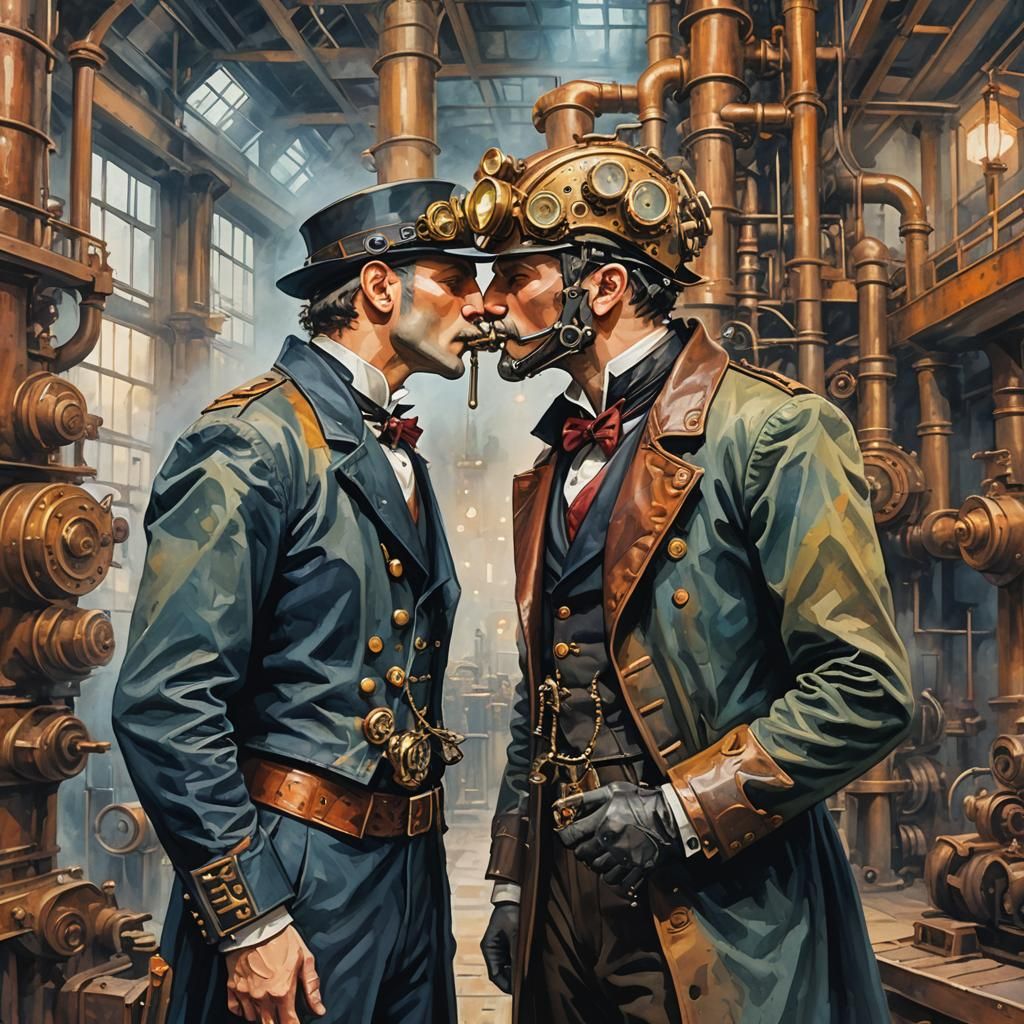 Steampunk Kiss: An Impressionist Gouache Masterpiece