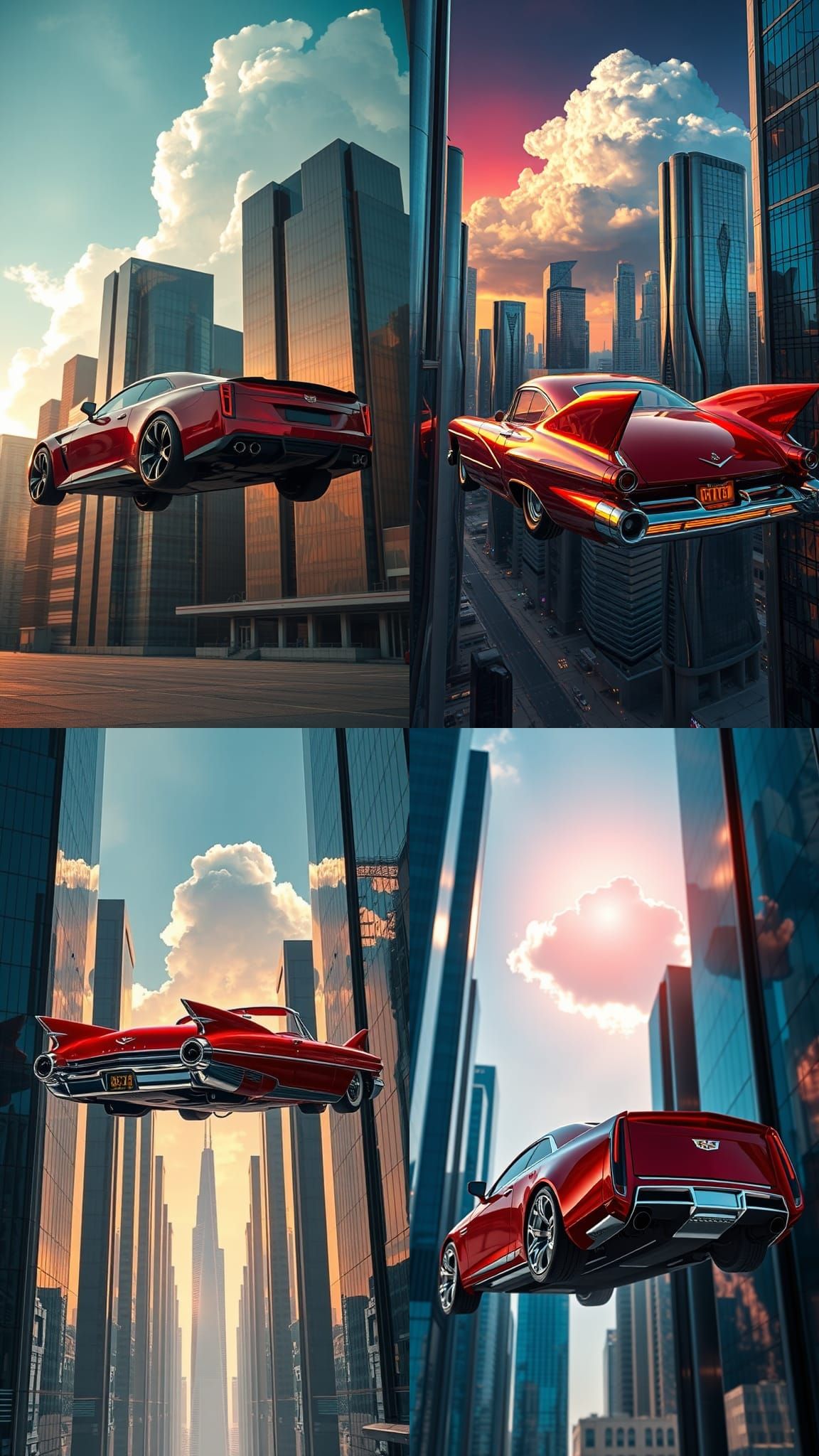 Futuristic Cadillac Floats Above City at Sunset