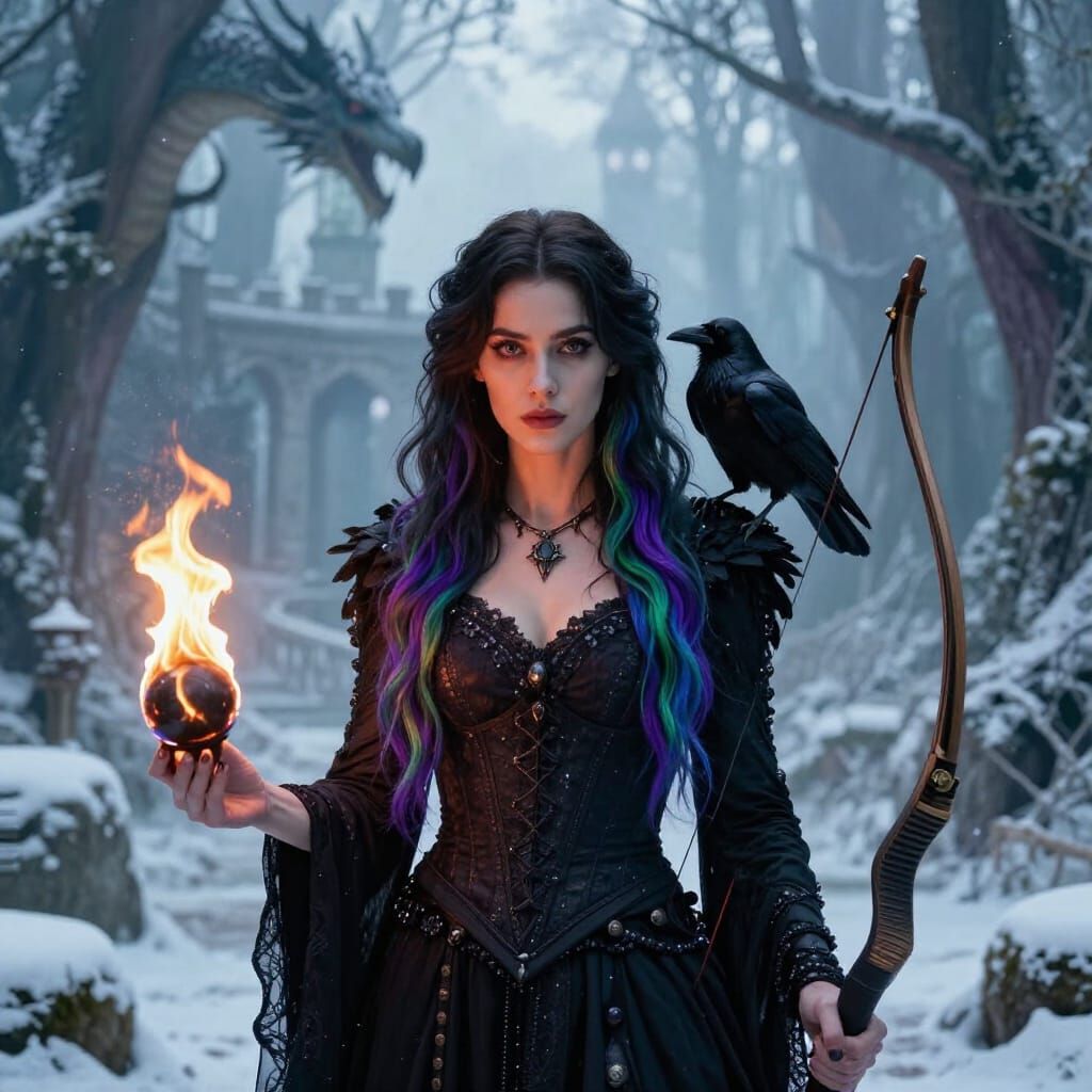 Sorceress with Raven and Fire in Ethereal Elfin Forest