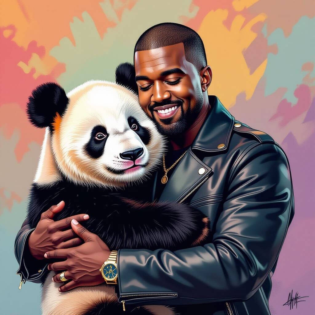 Kanye West and Panda, Hyperrealistic Splash Art