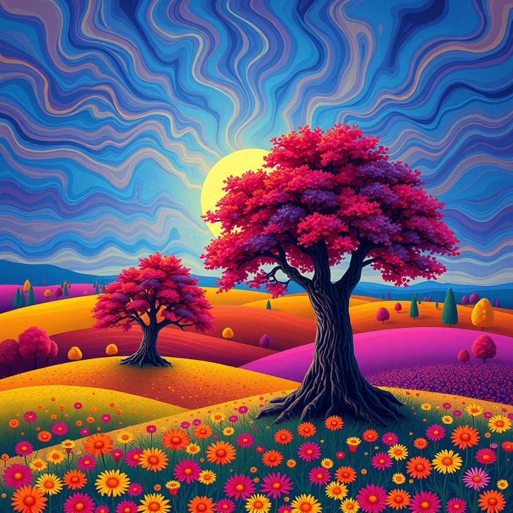 Whimsical Fantastical Landscape with Vibrant Flowers and Tre...