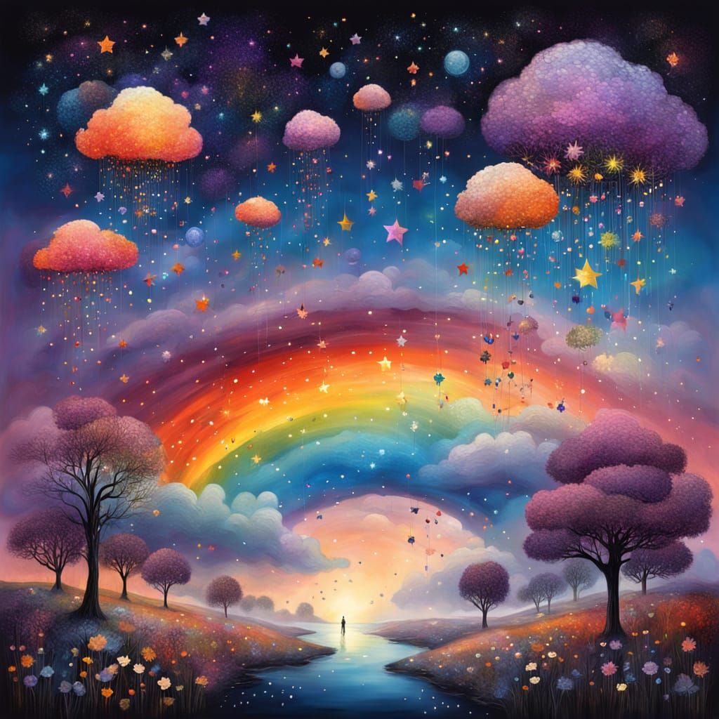 Surreal Blooms and Rainbow Clouds in Minimalist Concept Art