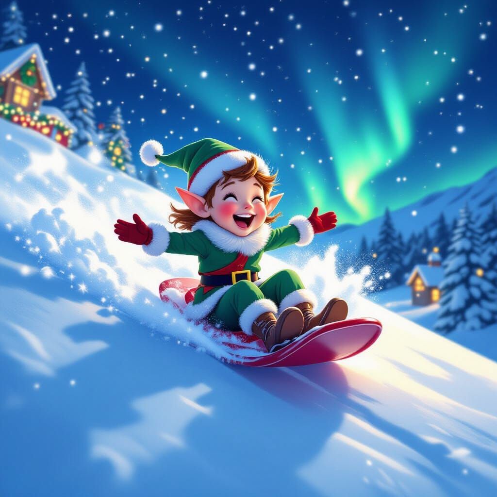 Cute Elf Joyfully Sledding at North Pole