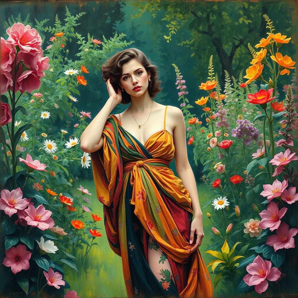 Woman in Garden: Expressionist Oil Painting