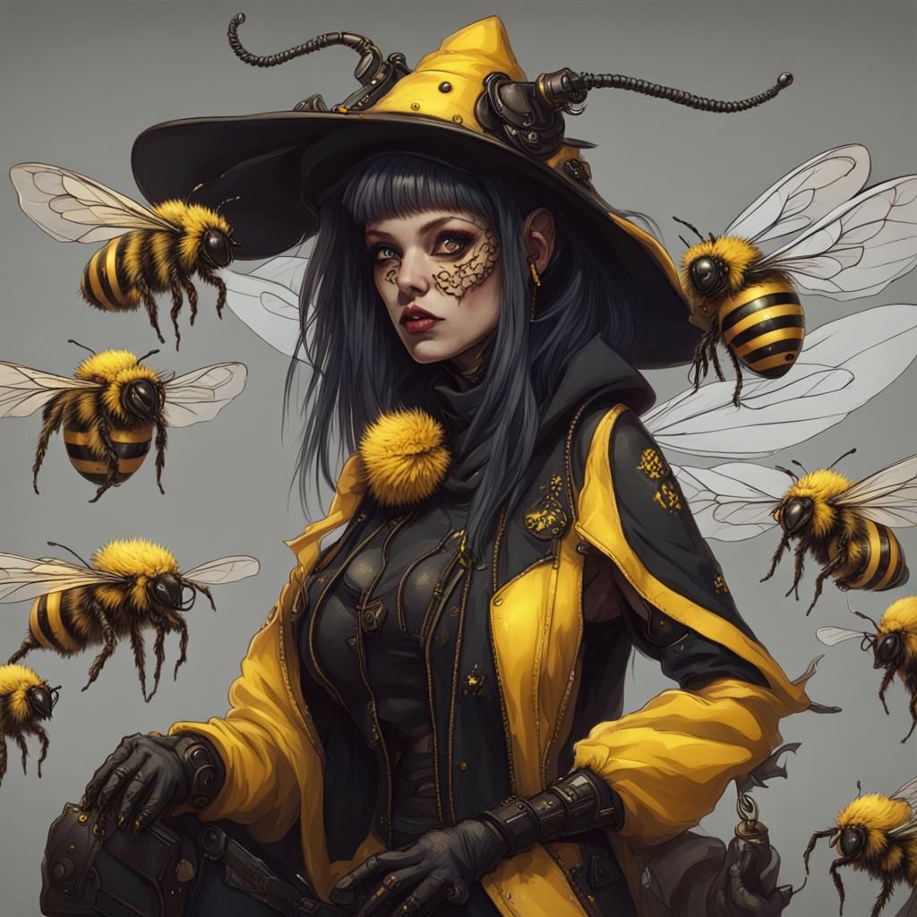 Cyberpunk Witch with Bee Swarm