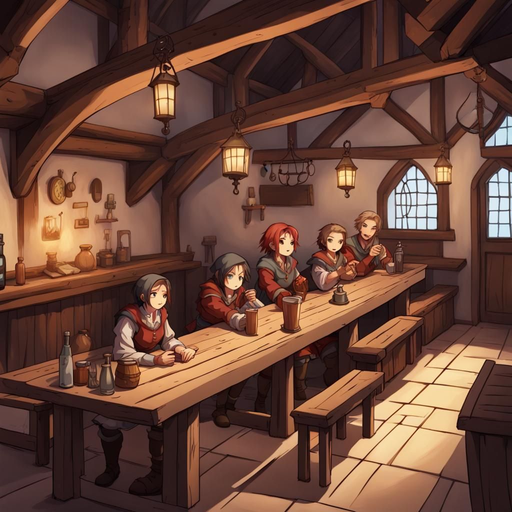 Anime-Style Medieval Tavern Scene with Singing Adventurer