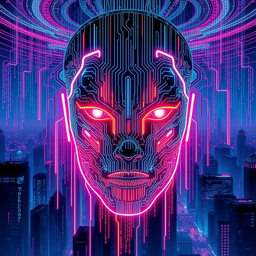 Cyberpunk Neon Face in Matrix Fractal Landscape