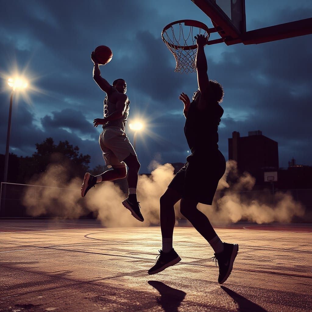 Explosive Basketball Dunk at Dusk as Digital Art