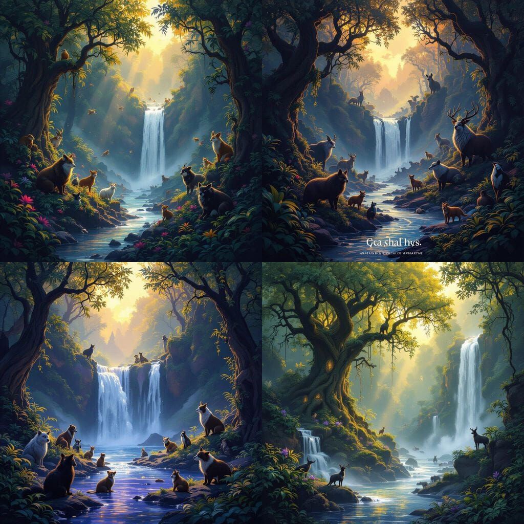 Enchanted Forest Animals by Waterfall, Dark Fantasy Art