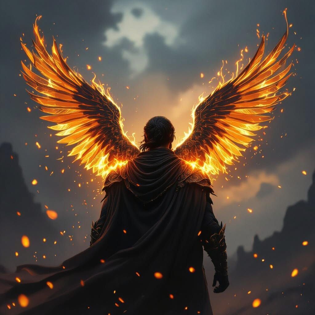 Figure's Fiery Wings Erupt in Dramatic Fantasy Art