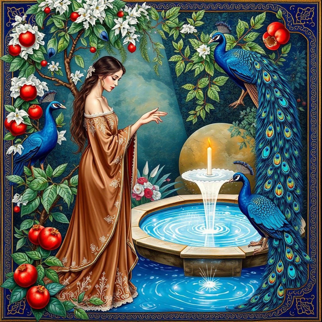 Majestic Persian Garden Scene with Simurgh and Serene Woman