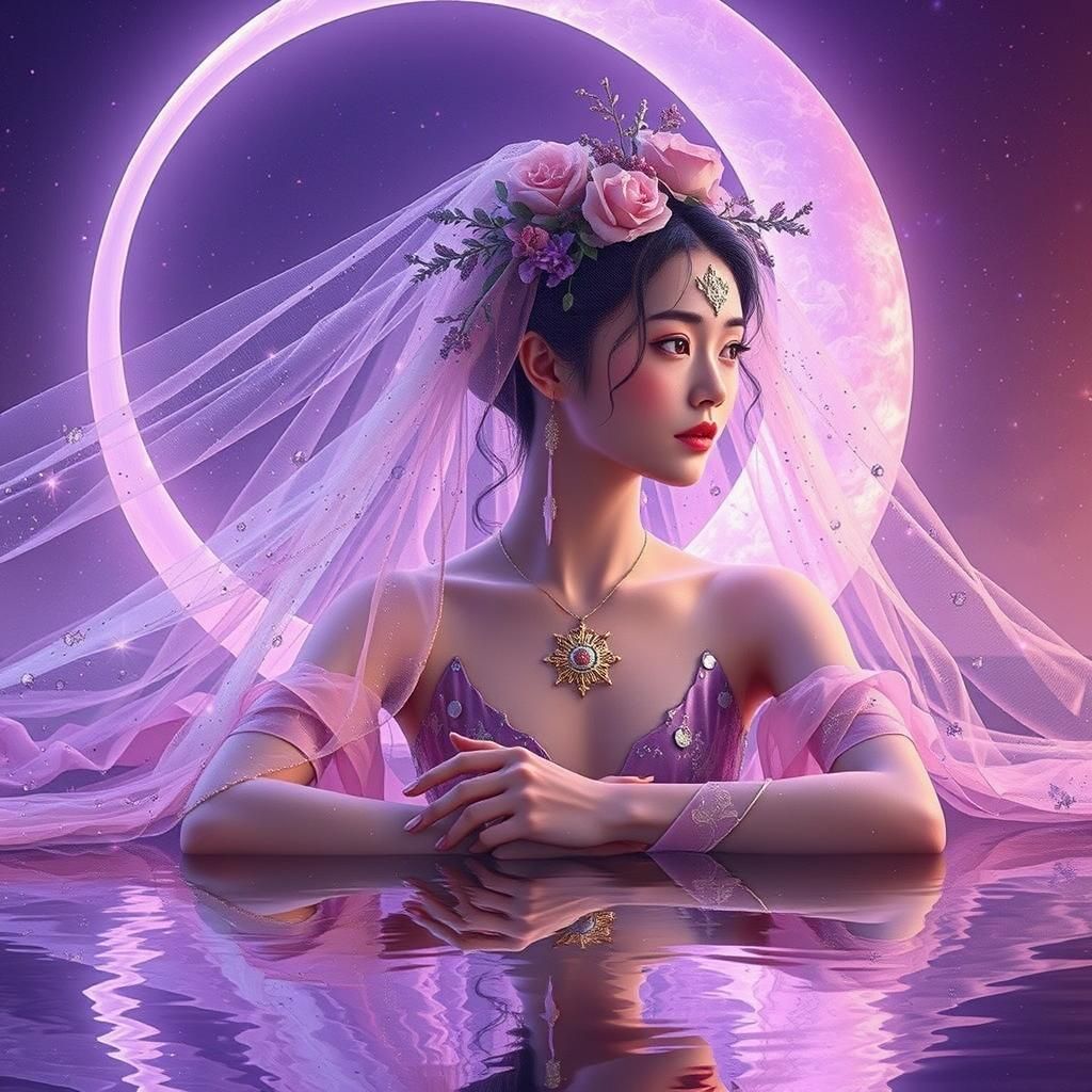 Ethereal Chinese Woman Reading on Crescent Moon