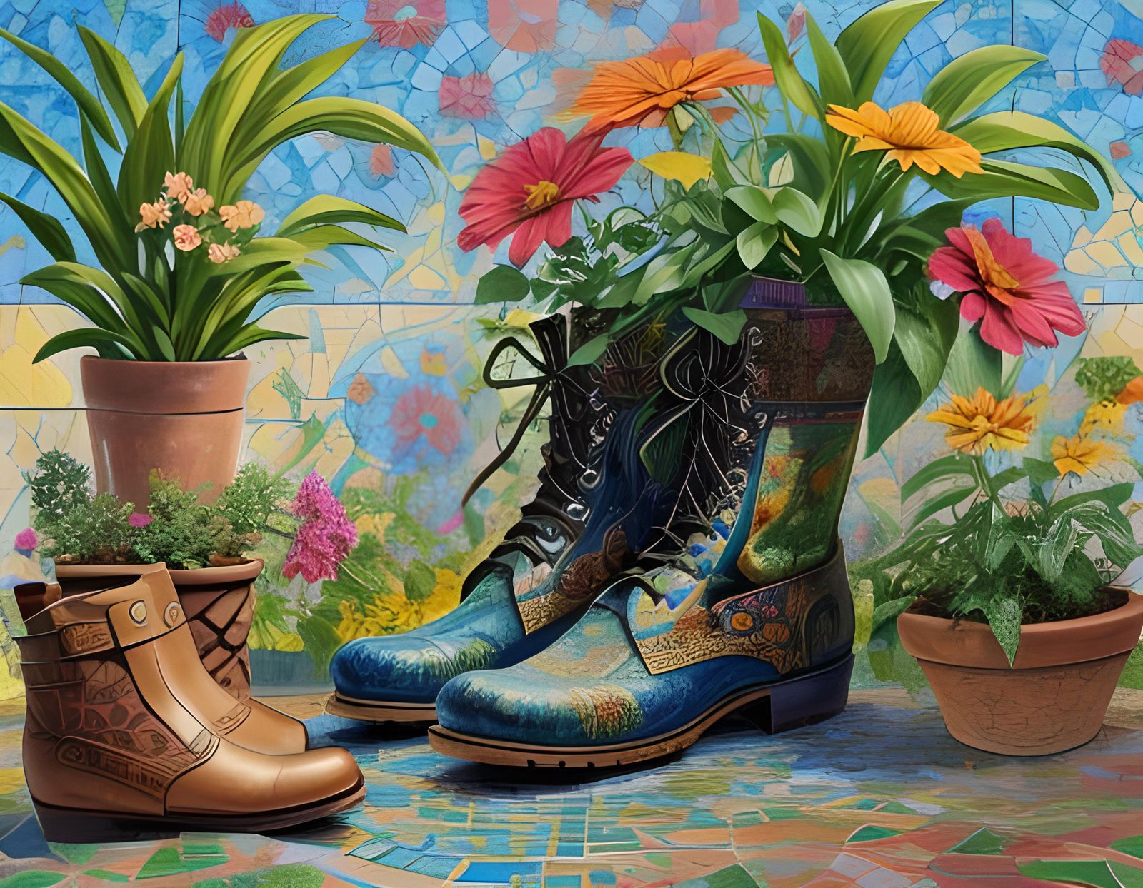 Post-Impressionist mosaic portraying a boot is adorned with various plants and flowers growing out of it  swirling patte...