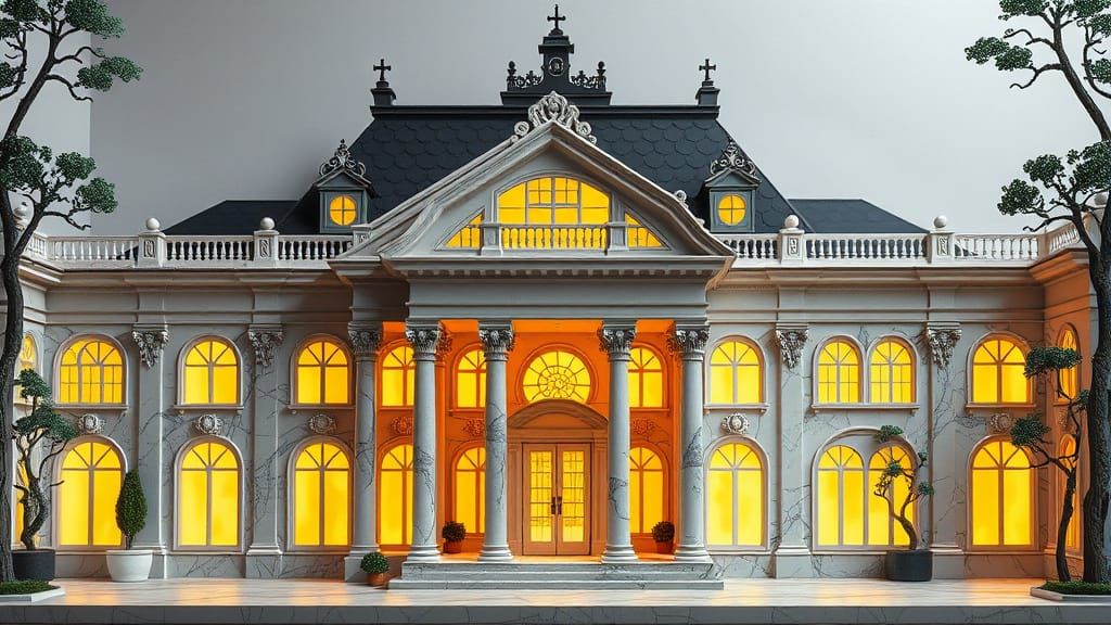 Classical Marble Villa in Whimsical, Dreamlike Setting