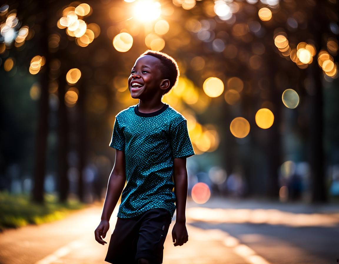 Joyful Black Boy Portrait with Bokeh, Digital Art
