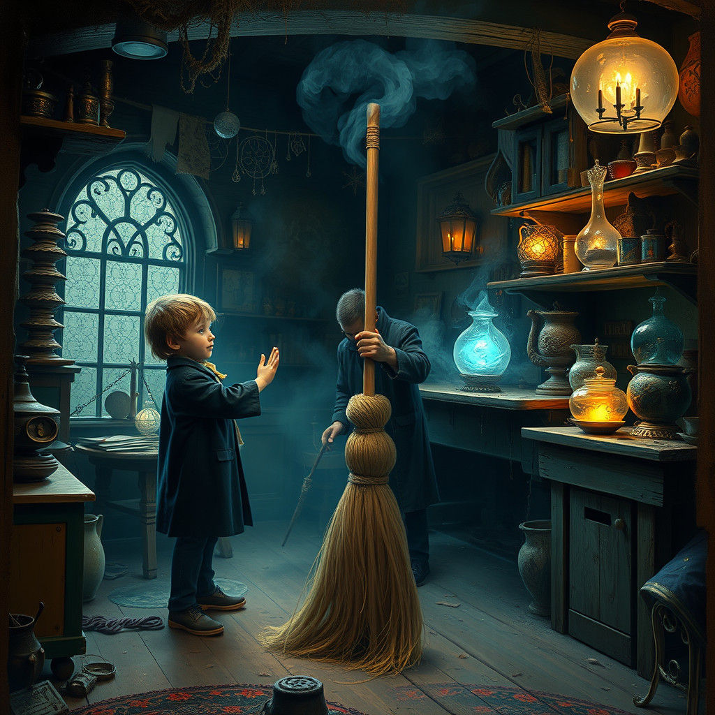 Animated Broom in Sorcerer's Workshop: Surreal Art
