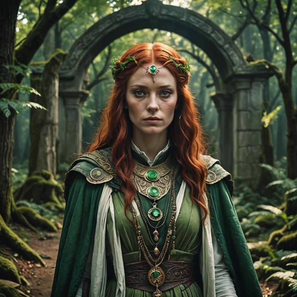 Cinematic High Priestess Surveys Temple Garden