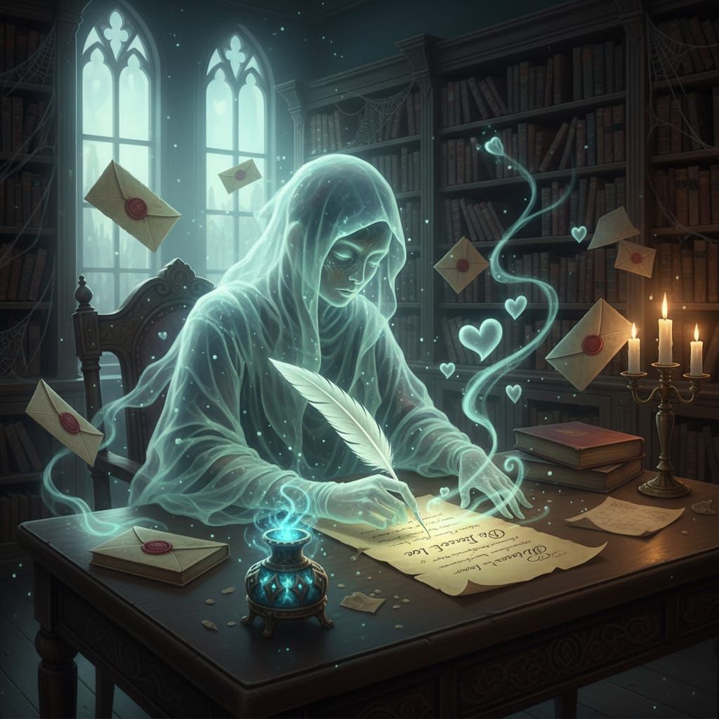 Ethereal Ghost Writes Love Letter in Haunted Library
