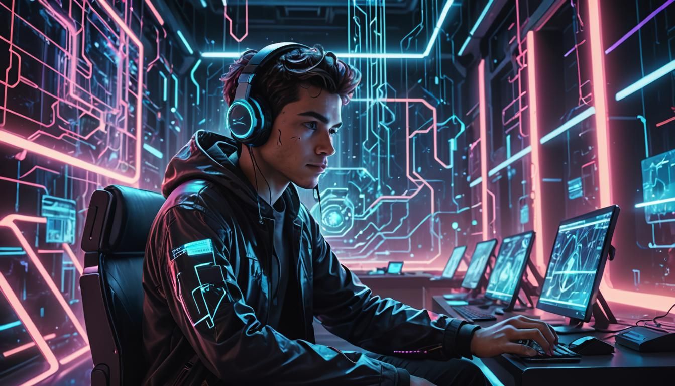 Futuristic AI Interfaces in Neon-lit Sci-Fi Art