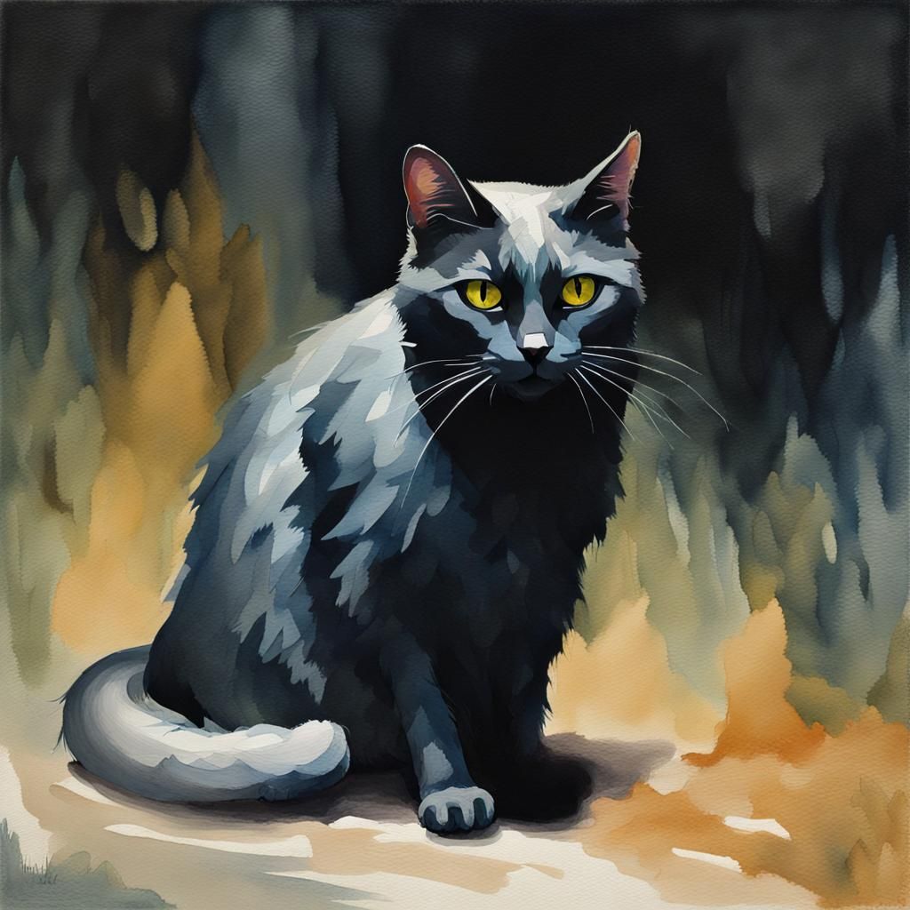Moody Ghost Cat in Gouache Watercolor Style