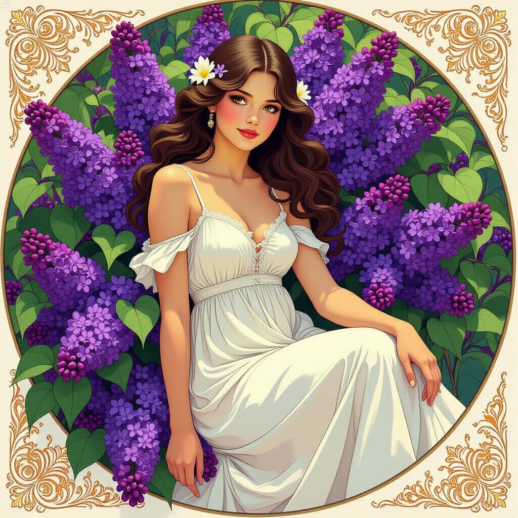 Girl in Lilacs: An Art Nouveau Dreamscape