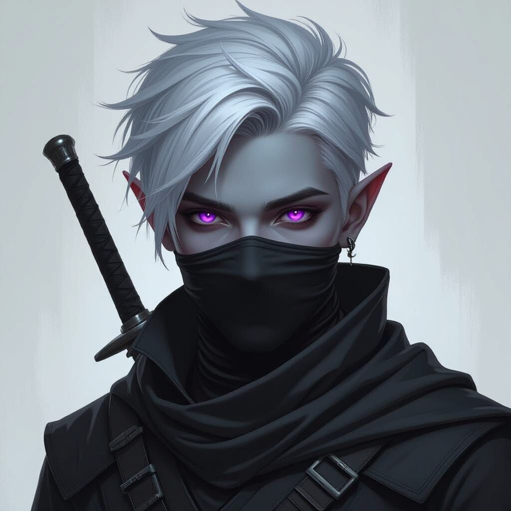 Male Drow Ninja with Amethyst Eyes in Black Outfit