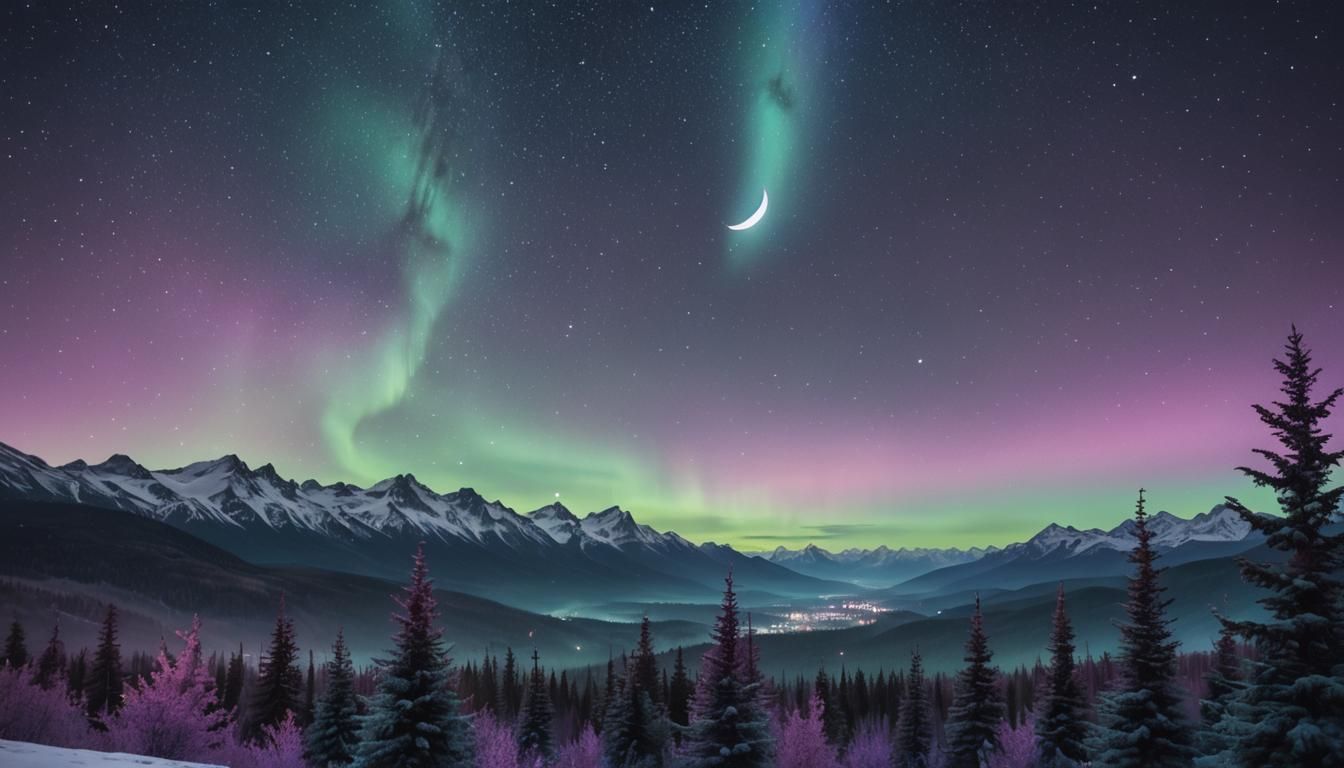 Ethereal Aurora Landscape with Crescent Moon