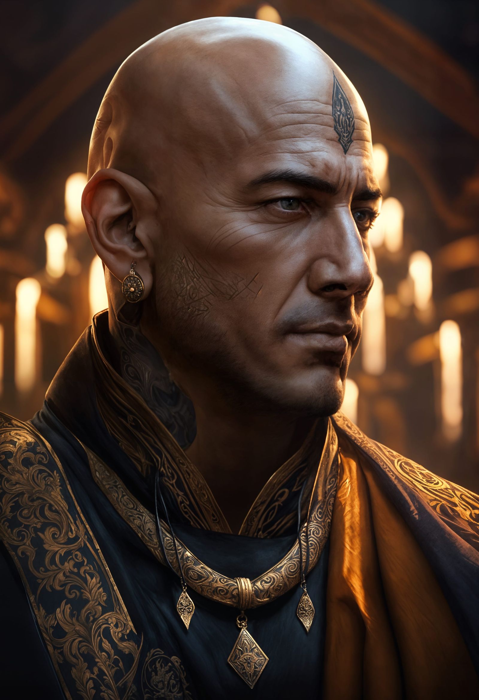 Monk Portrait with Tattoos in Dark Fantasy Style