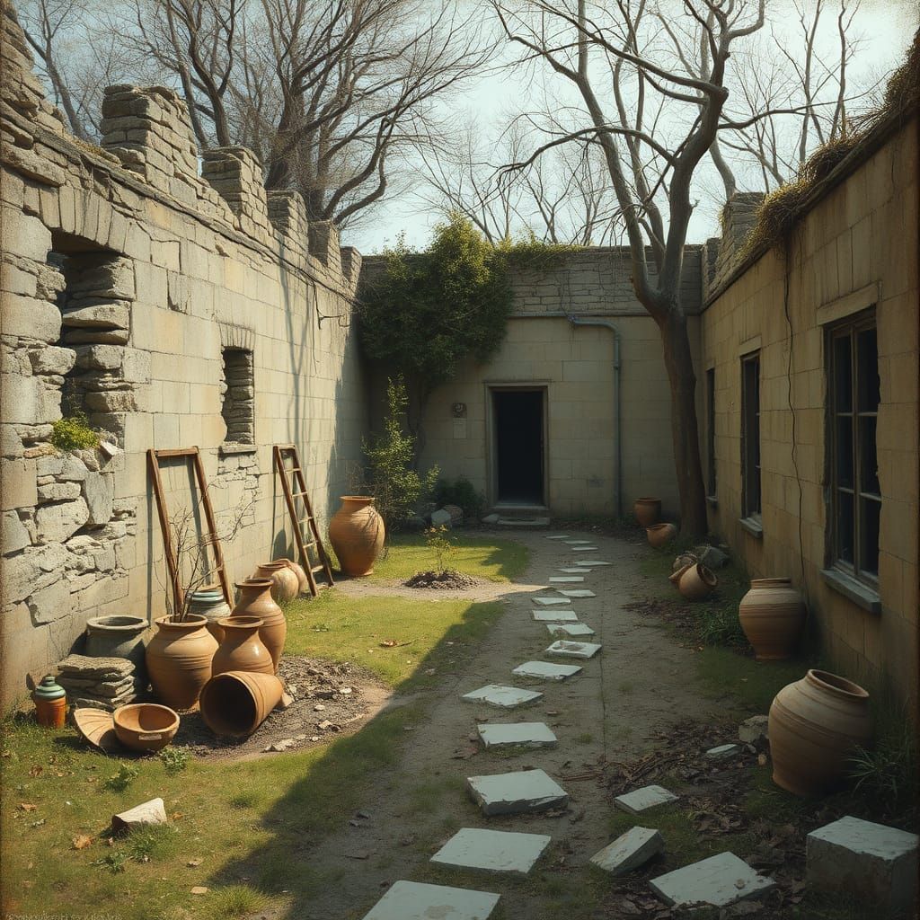 Haunting Abandoned Garden in Oil Painting Style