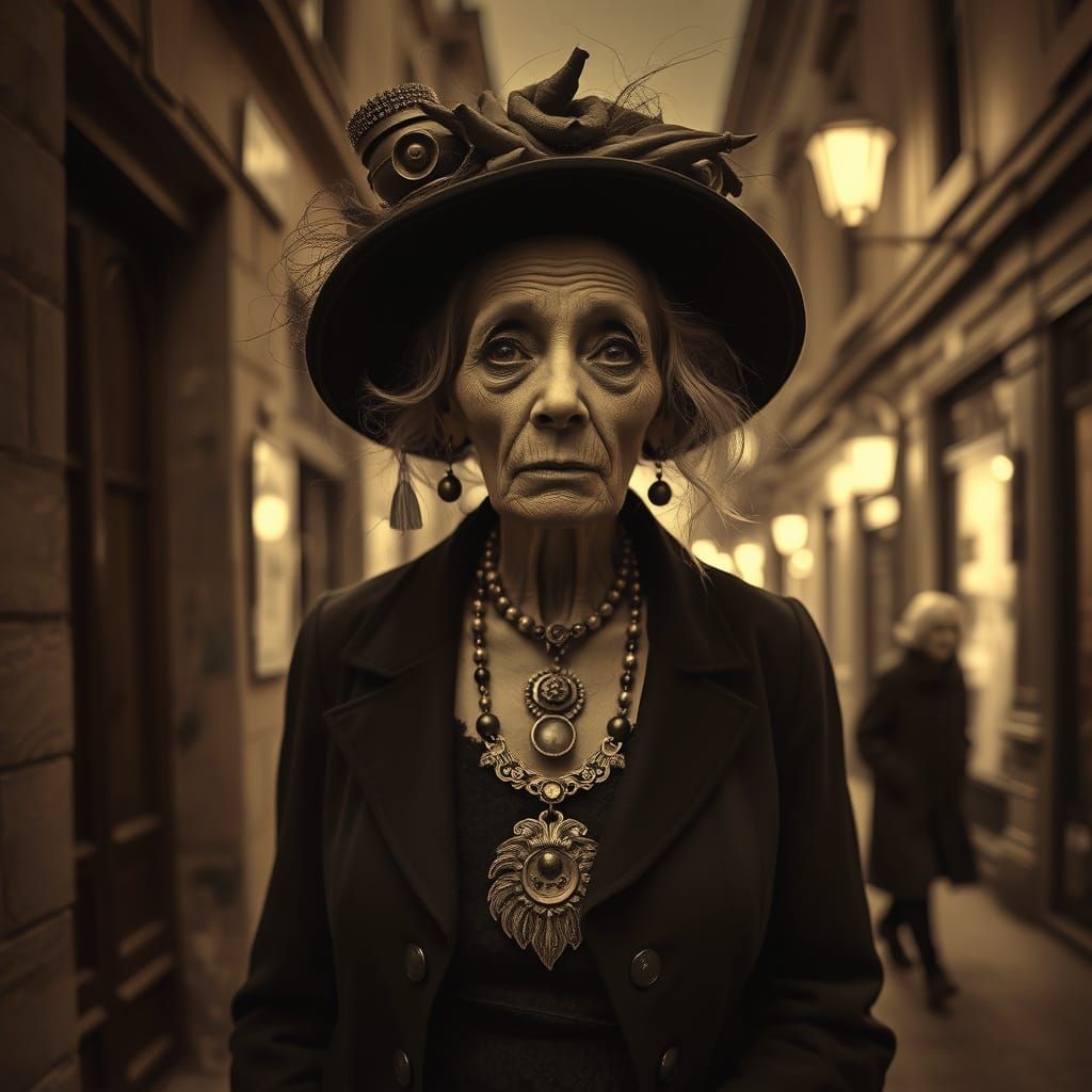 Gothic Sepia Portrait of a Mysterious Elderly Woman