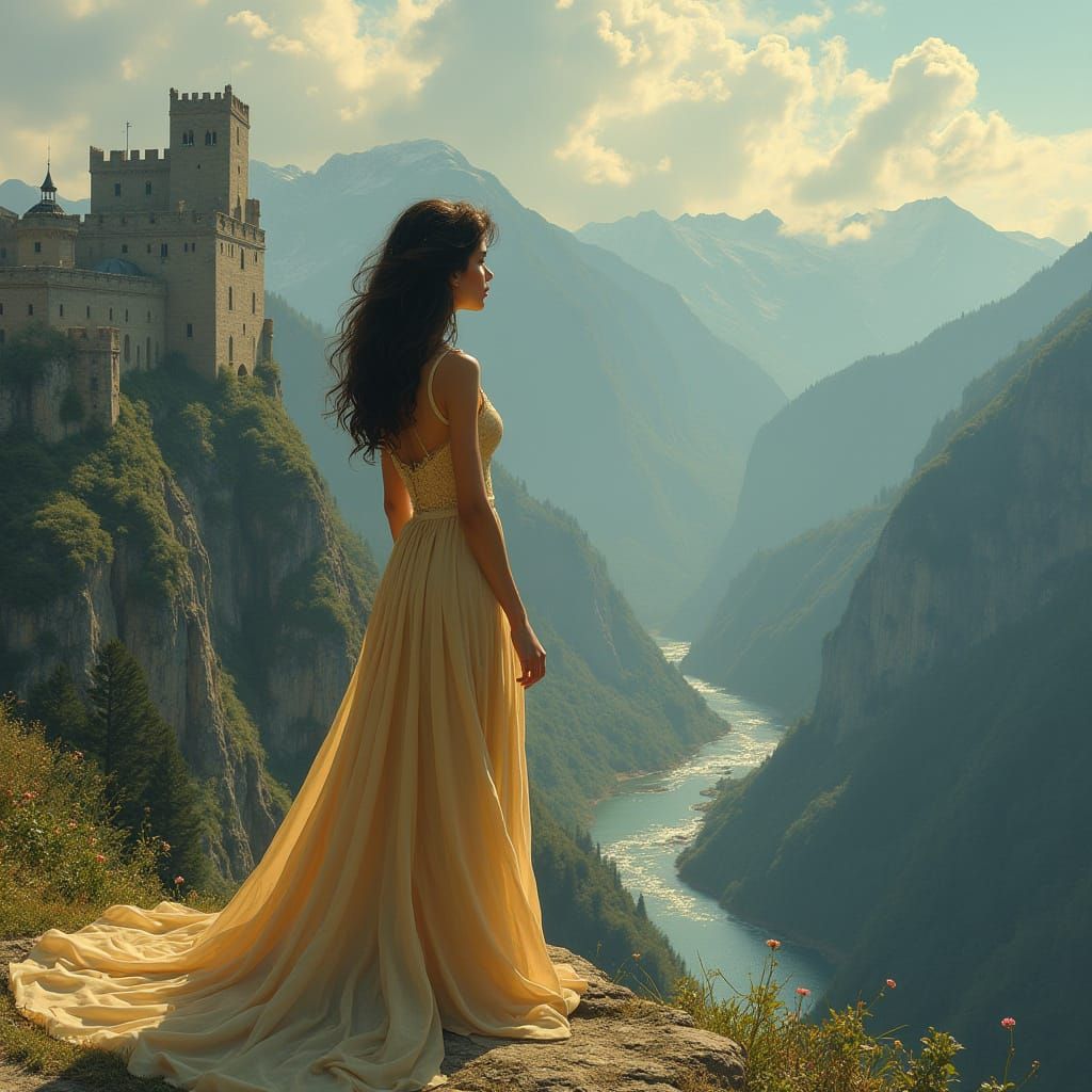 Medieval Princess Contemplates Castle Landscape in Elegant S...