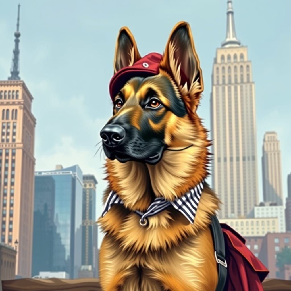 Dutch Shepherd Dog in Parisian Chic Amidst NYC Skyscrapers
