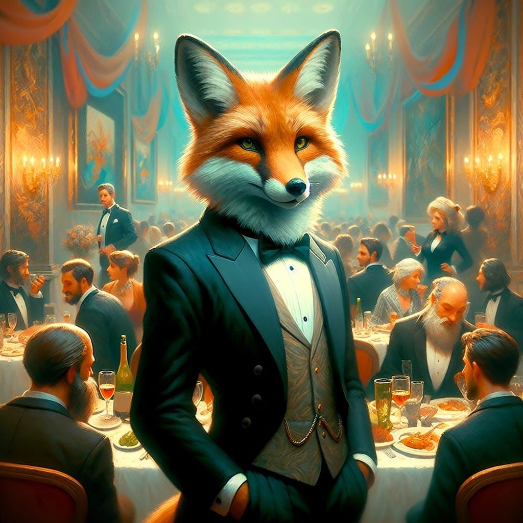 Anthropomorphic Fox in Tuxedo at Dinner Party Matte Painting