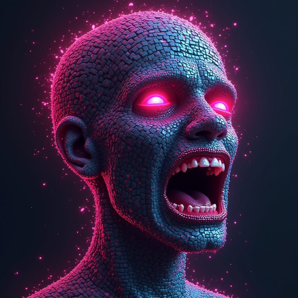 Glitch Art: Agitated Human Head in Neon Pixels