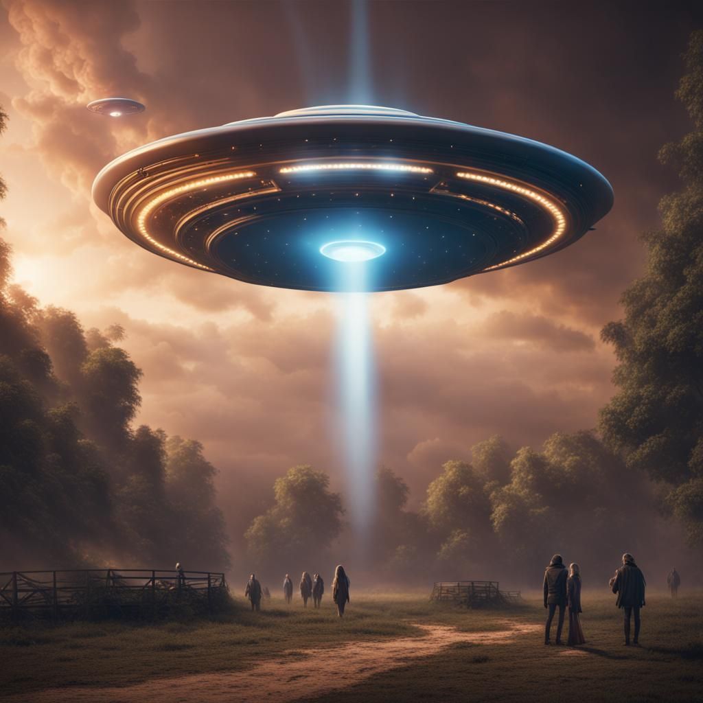 Show a UFO saucer in the skies with a light beam down adopting people and contrast it with the rapture