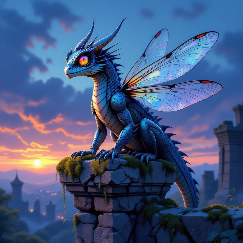 Dragonfly Dragon Hybrid Perched on Ancient Ruins