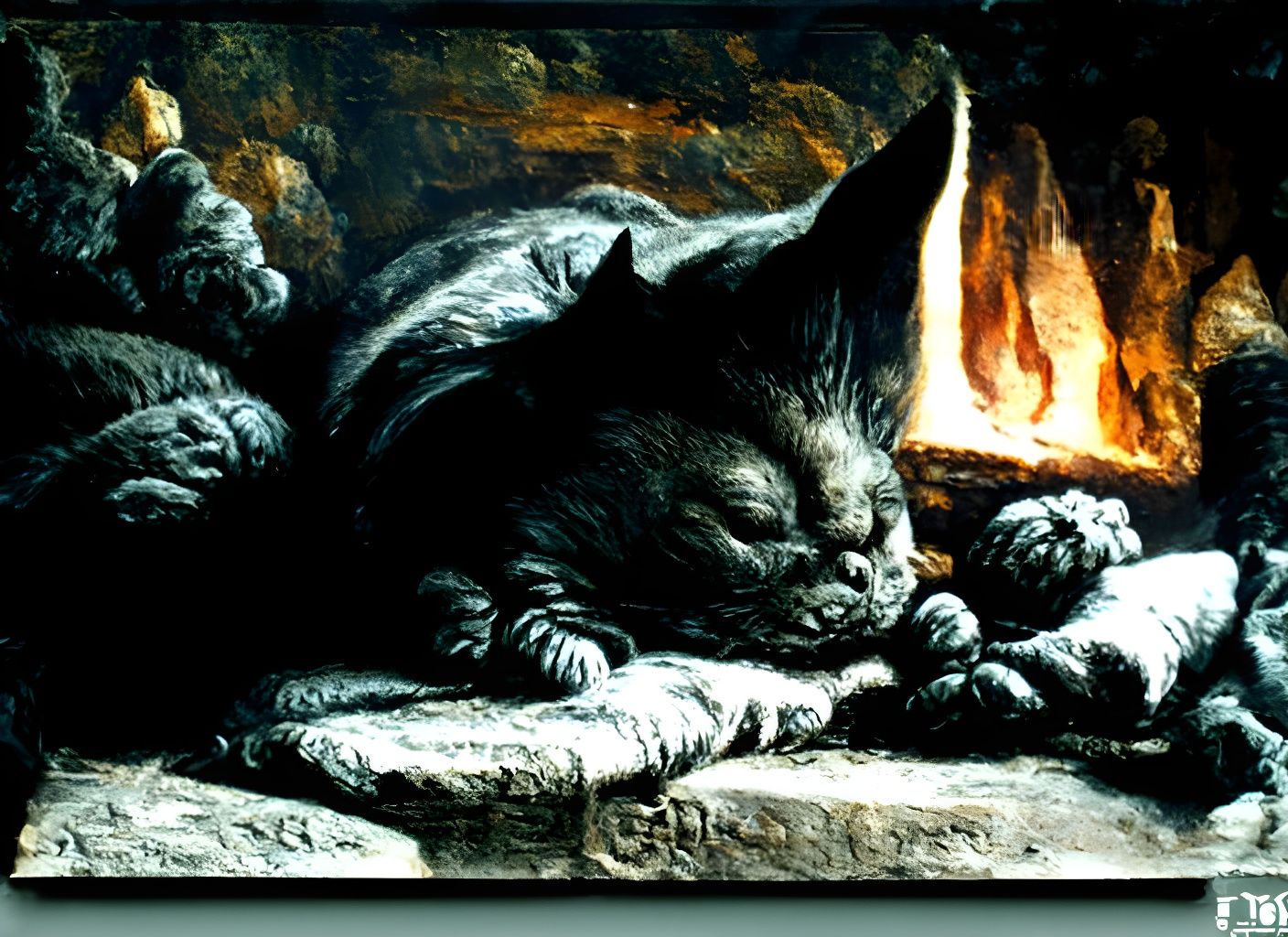 Goblin Cat Asleep by Fireplace in Engraving Style