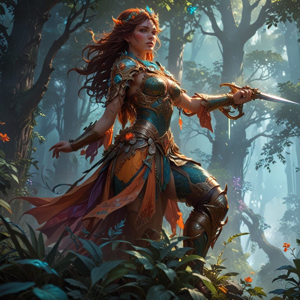 Fierce Warrior Prepares to Slay Enchanted Princess in Mystic...