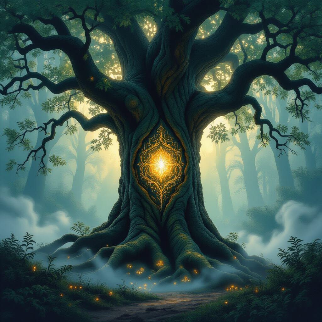 Majestic Ancient Tree in Sun-Dappled Forest Clearing